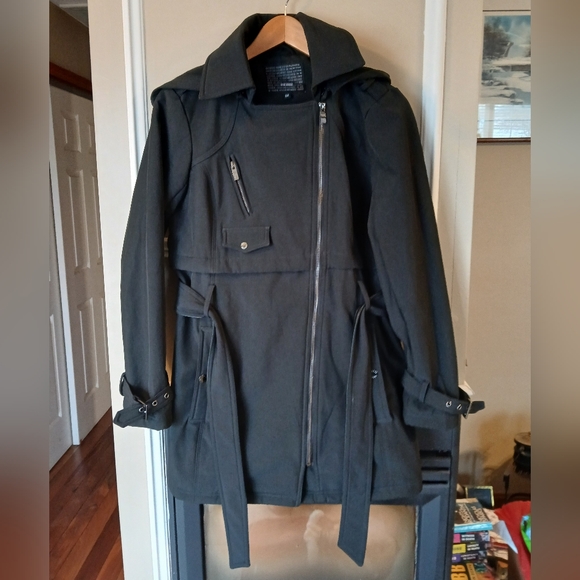 Steve Madden Black Asymmetrical Zip Fleece Lined Hooded Coat Size S/P - Picture 8 of 10